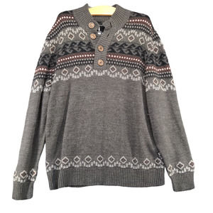 i Jeans by Buffalo Men's Henley Knit Sweater Large Gray Fair Isle Acrylic Wool